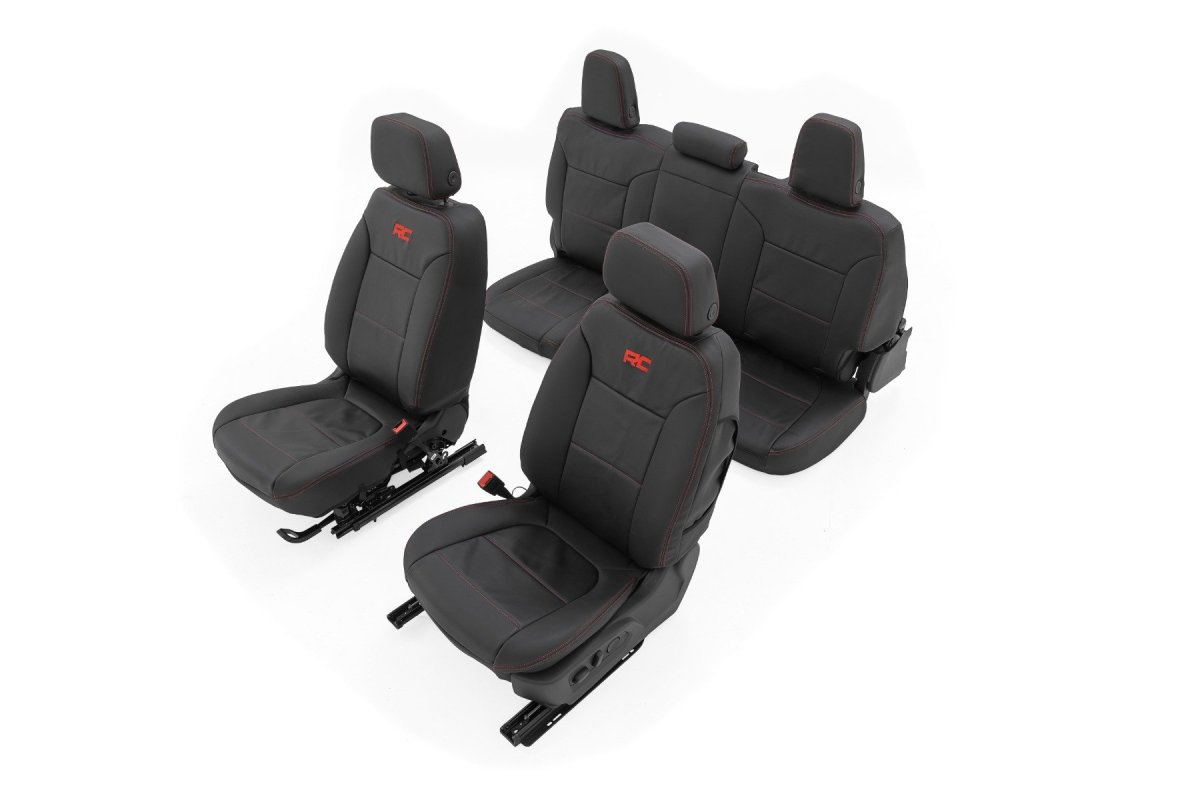 GMC Sierra 1500 Leather Seat Covers - Front + Rear - Rough Country - Premium Leather, Red Accent Stitching, Front Buckets + Rear 60/40 - Red Accent Stitching - '19-'25